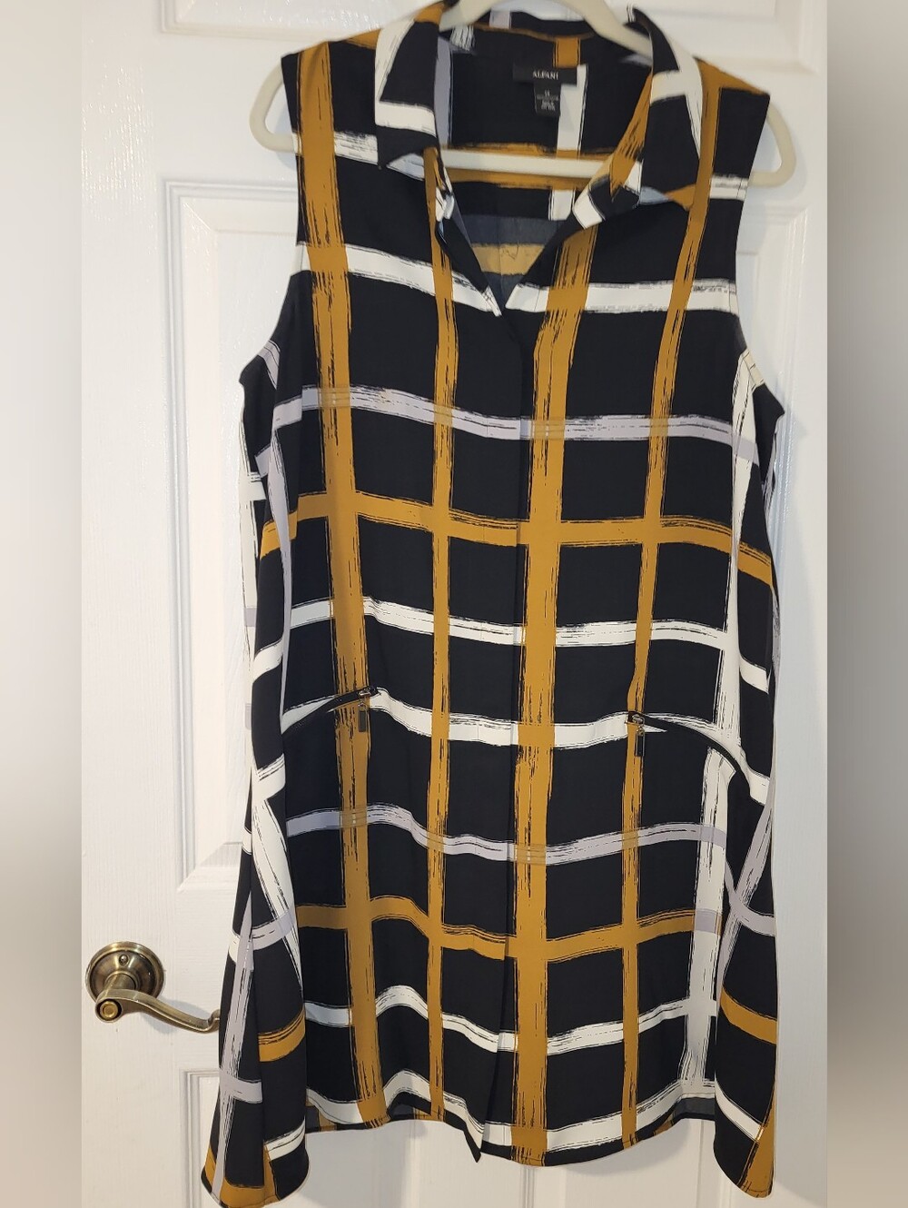 Alfani Black, Mustard & White Plaid Sleeveless Dress Size 14
